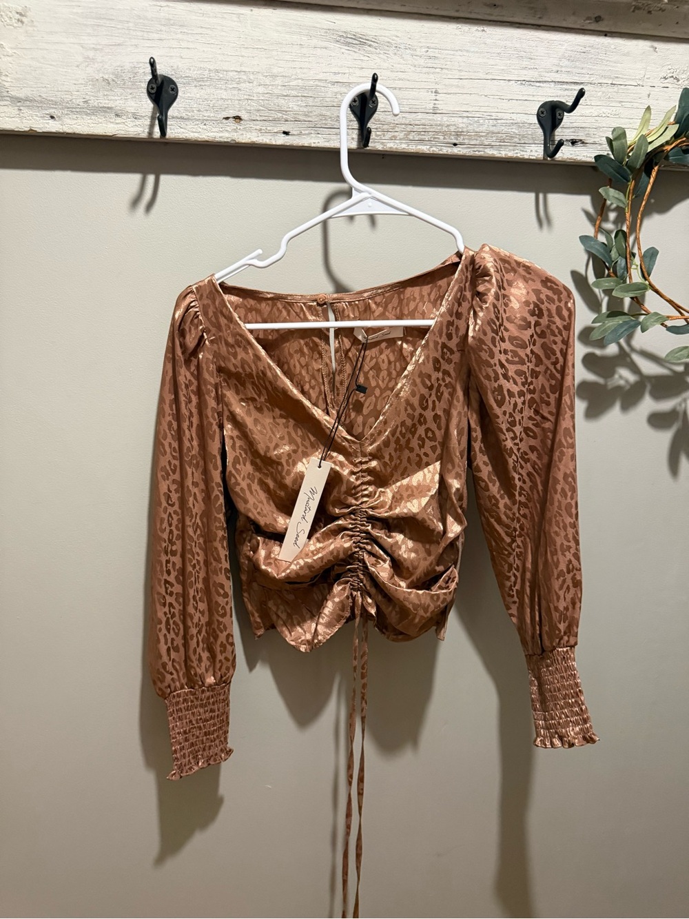 Ruched Satin Leopard-Print Long Sleeve Top - Copper